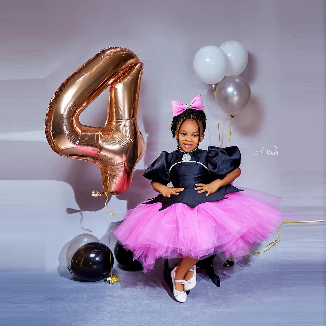 

Africa South Style Puffy Ruffled Tulle Dresses For Girls Black Pink A-line Satin And Mesh Patchwork Dress Kids Birthday Dress