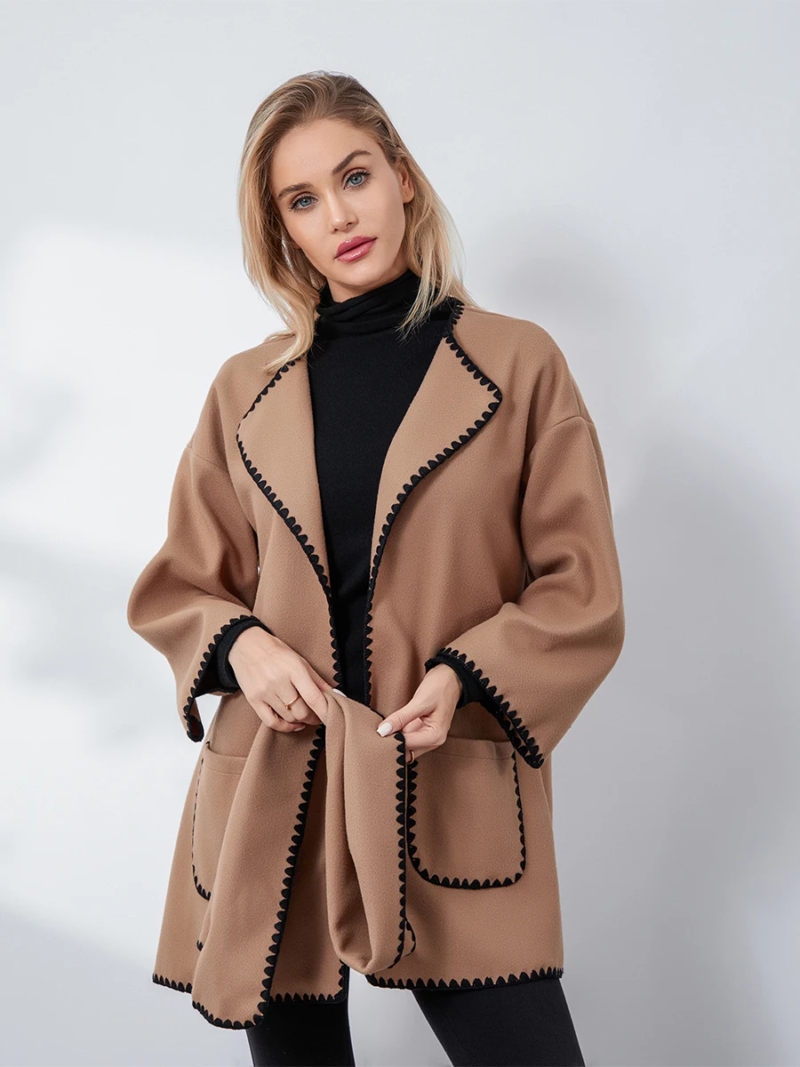 

Women’s Fall Winter Casual Loose Coat Turn Down Collar Long Sleeve Open Front Cardigan Coat with Contrast Edge Scarf 2 Piece Set