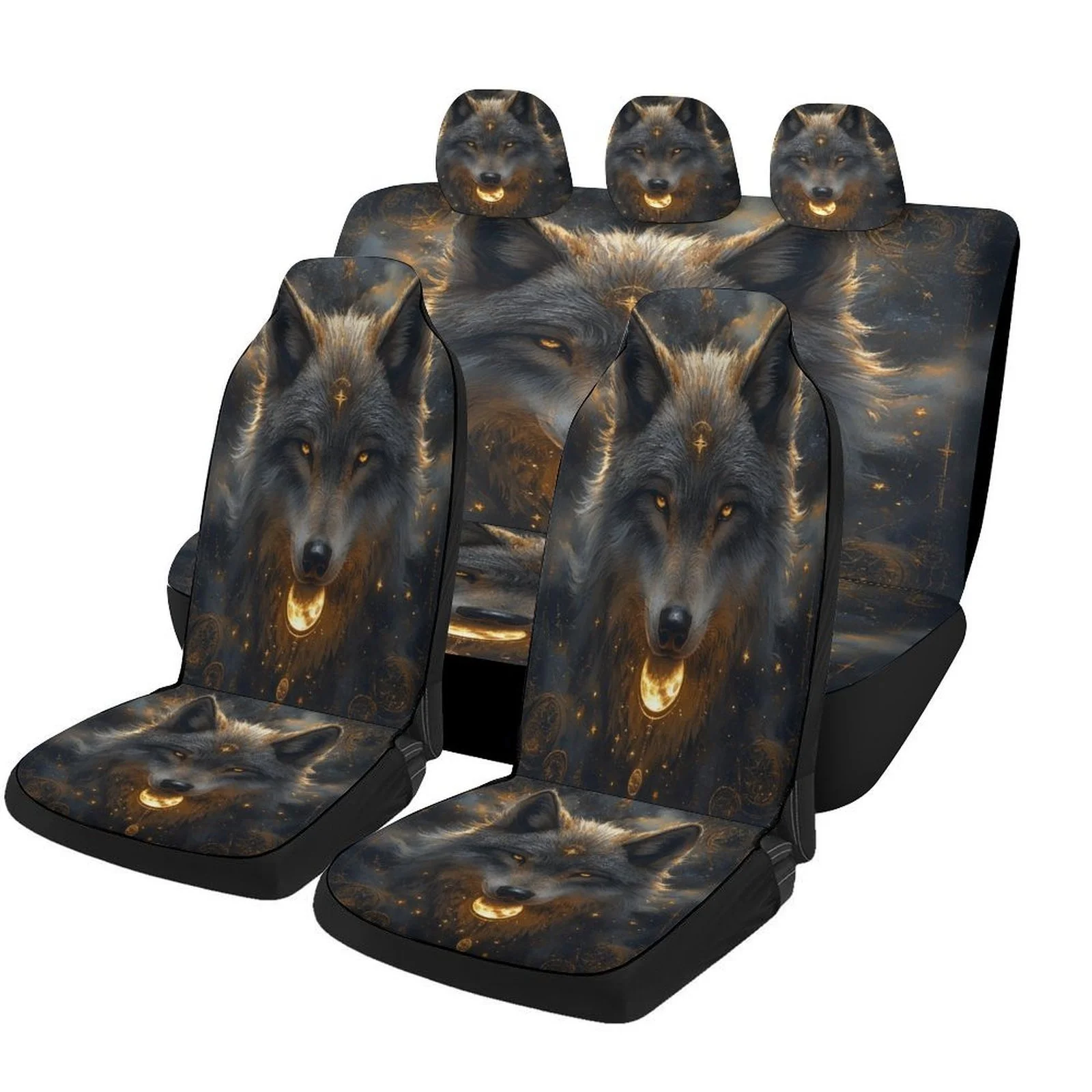 Wolf Moonlight Designed Car Seat Cover Set For Most Cars, Trendy Novelty High-quality Car Seat Protector Covers Full Set, Univer