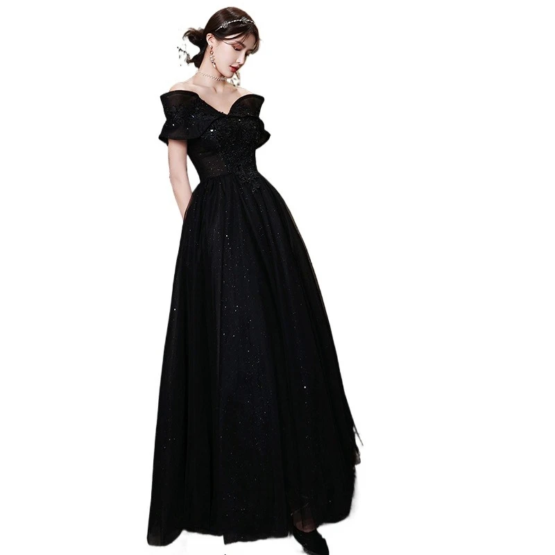 2025 novo vestido de noite preto brilhante de um ombro feminino elegante banquete temperamento de alta qualidade pequeno exame de arte vestido anfitrião