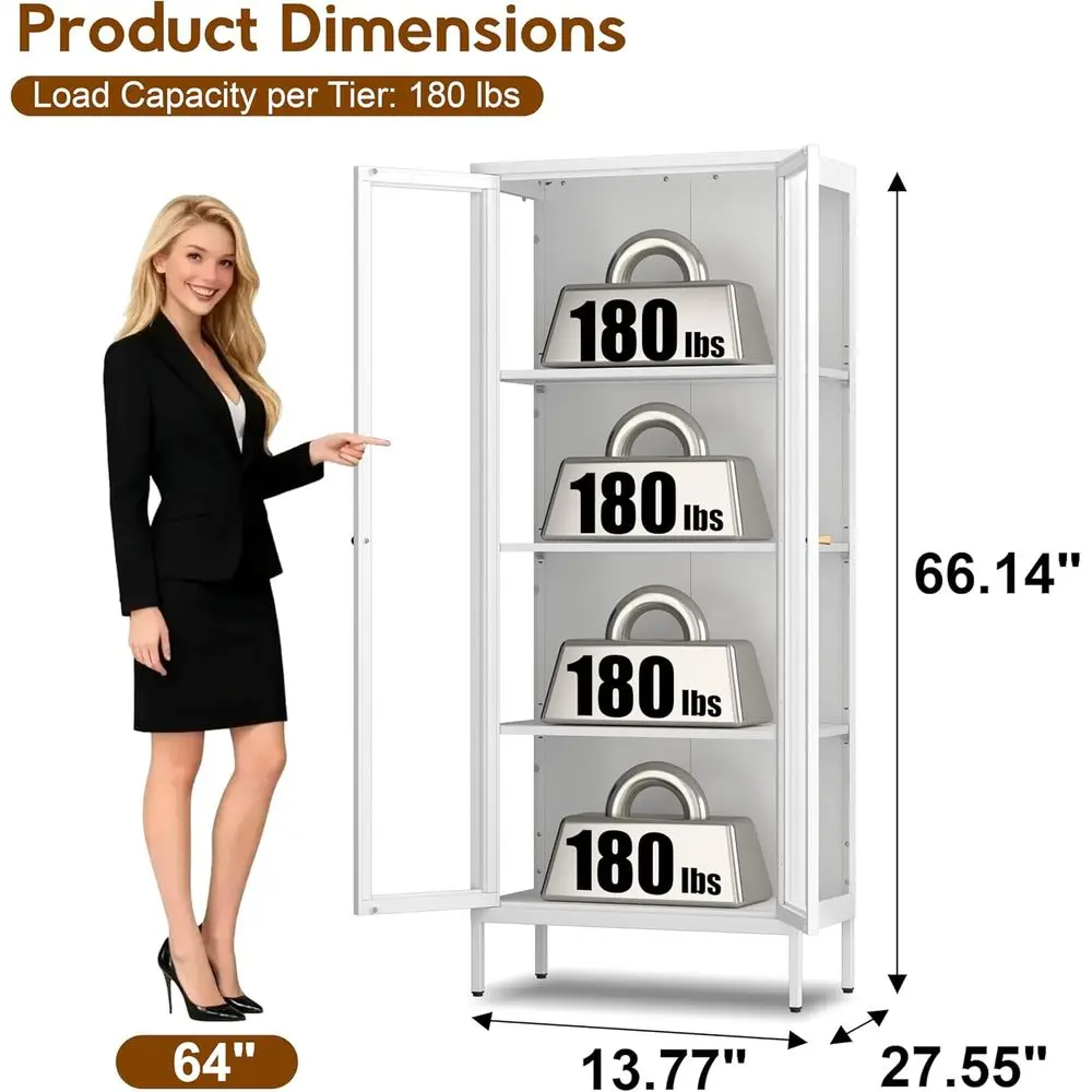 Espositore in metallo bianco a 4 livelli con ante in vetro temperato per soggiorno, piante e oggetti da collezione, assemblaggio richiesto