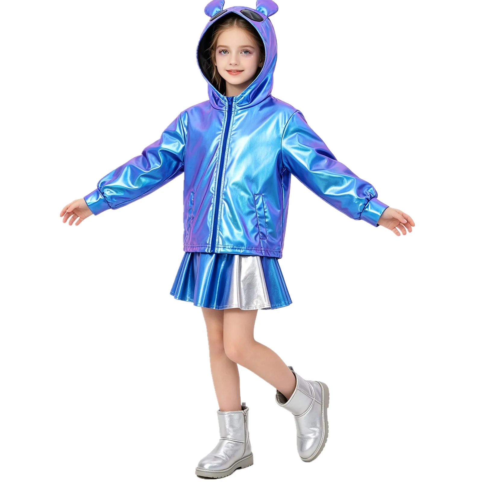 Boys Girls Metallic Shiny Long Sleeve Zipper Cutie Alien Hooded Jacket Coat Halloween Space Theme Party Robot Cosplay Costume