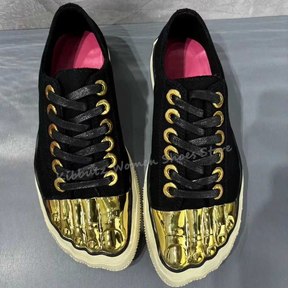 Five Finger Shoes Golden Brass Canvas Fashion Sexy Novelty Concise Luxury Women Shoes Newest Lace-Up Round Toe Height Increasing