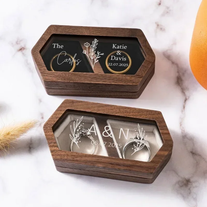 1pcs Free Personalized Walnut Wooden Ring Box Custom Engraved Engagement For Wedding Ring Holder Gift for Couples Brides Grooms