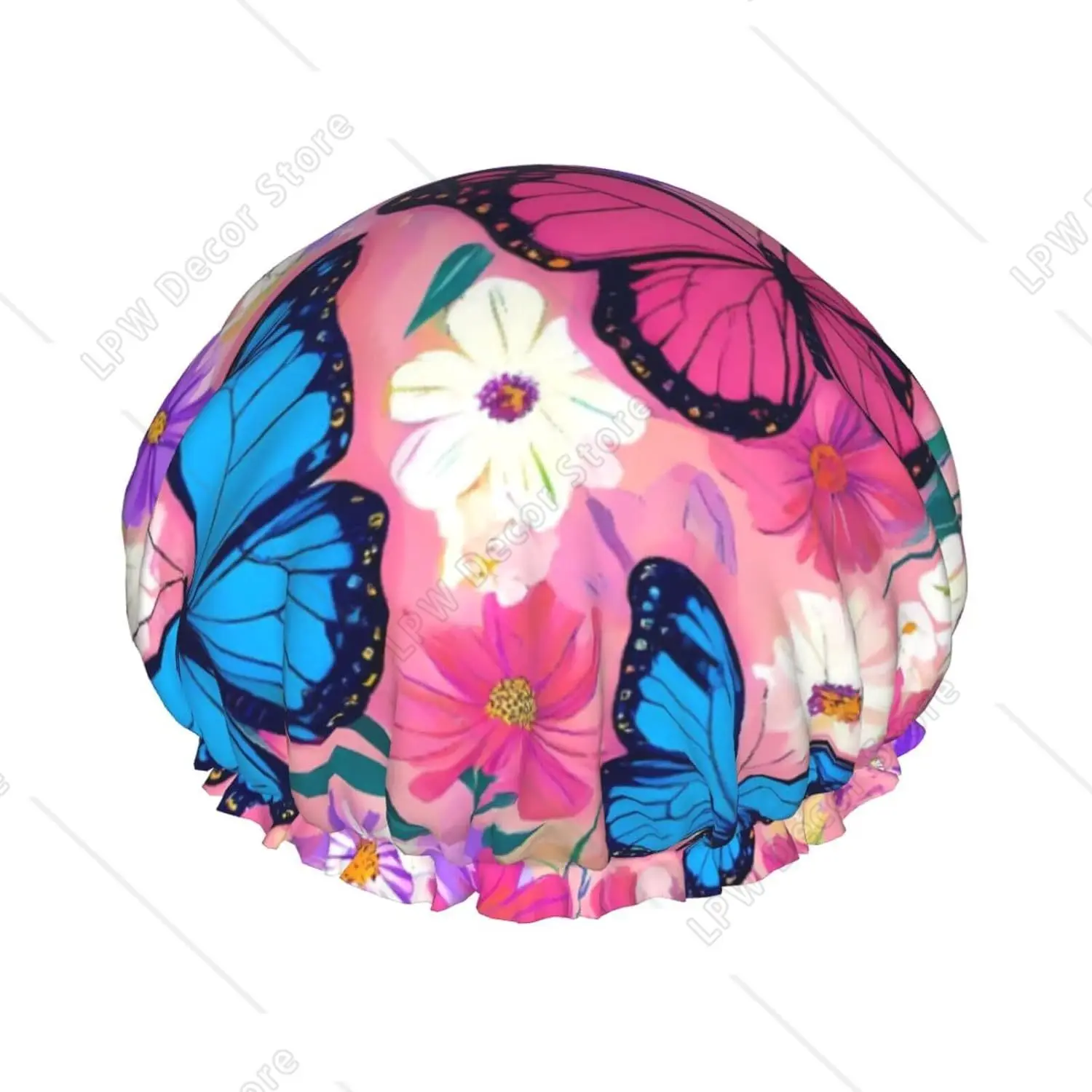 Violet Flowers and Butterflies Print Shower Caps for Women Waterproof Double Layers Bath CapsLarge Elastic Reusable Shower