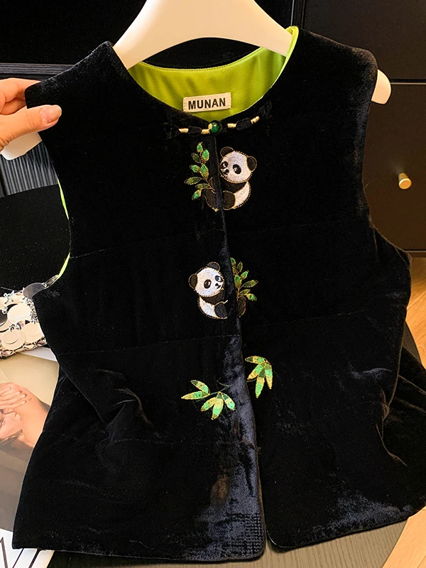 

Новый китайский Sle, национальный тренд, бархатный женский трендовый жилет с вышивкой панды, тройной хлопковый теплый жилет, осень-зима, Новое поступление