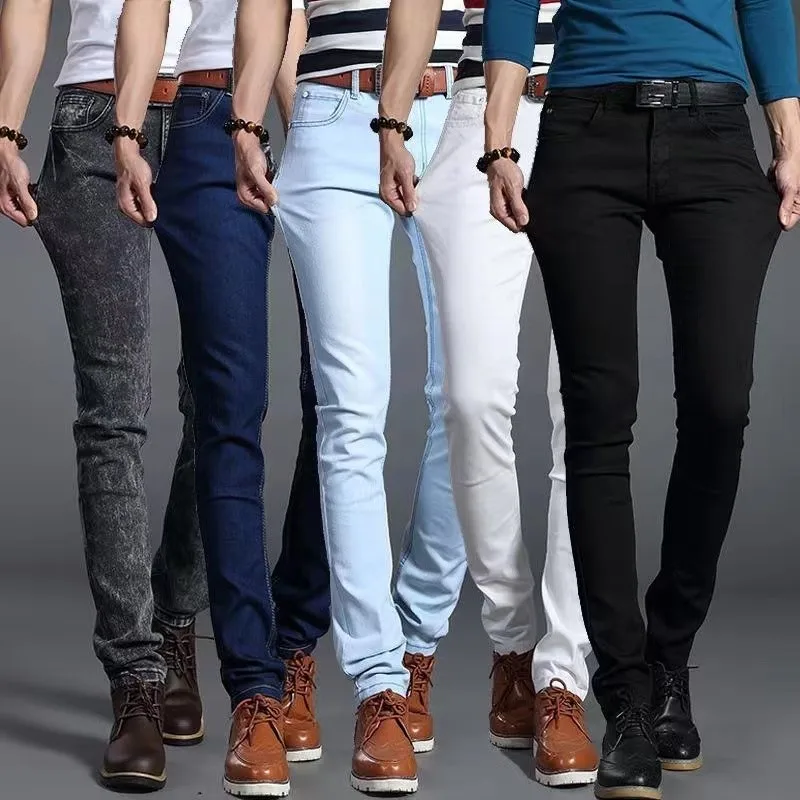 Men Denim Jeans Cotton Stretch Daily Slim Denim Pants Classic Daily All Seasons Light Blue Black Color Male Pencil Pants