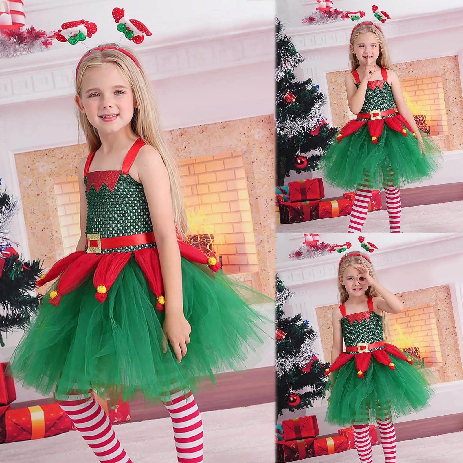 Girls Christmas Elf Cosplay Costume Carnival Party Kids Santa Claus Princess Tutu Dress Children's Xmas Role Play Fancy Dress-up