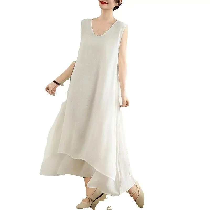 Women's Summer Chinese Style Premium Cotton-Linen Blend Dress - Light Luxury V-Neck Vest Dress, Oversized Bohemian Dress G375