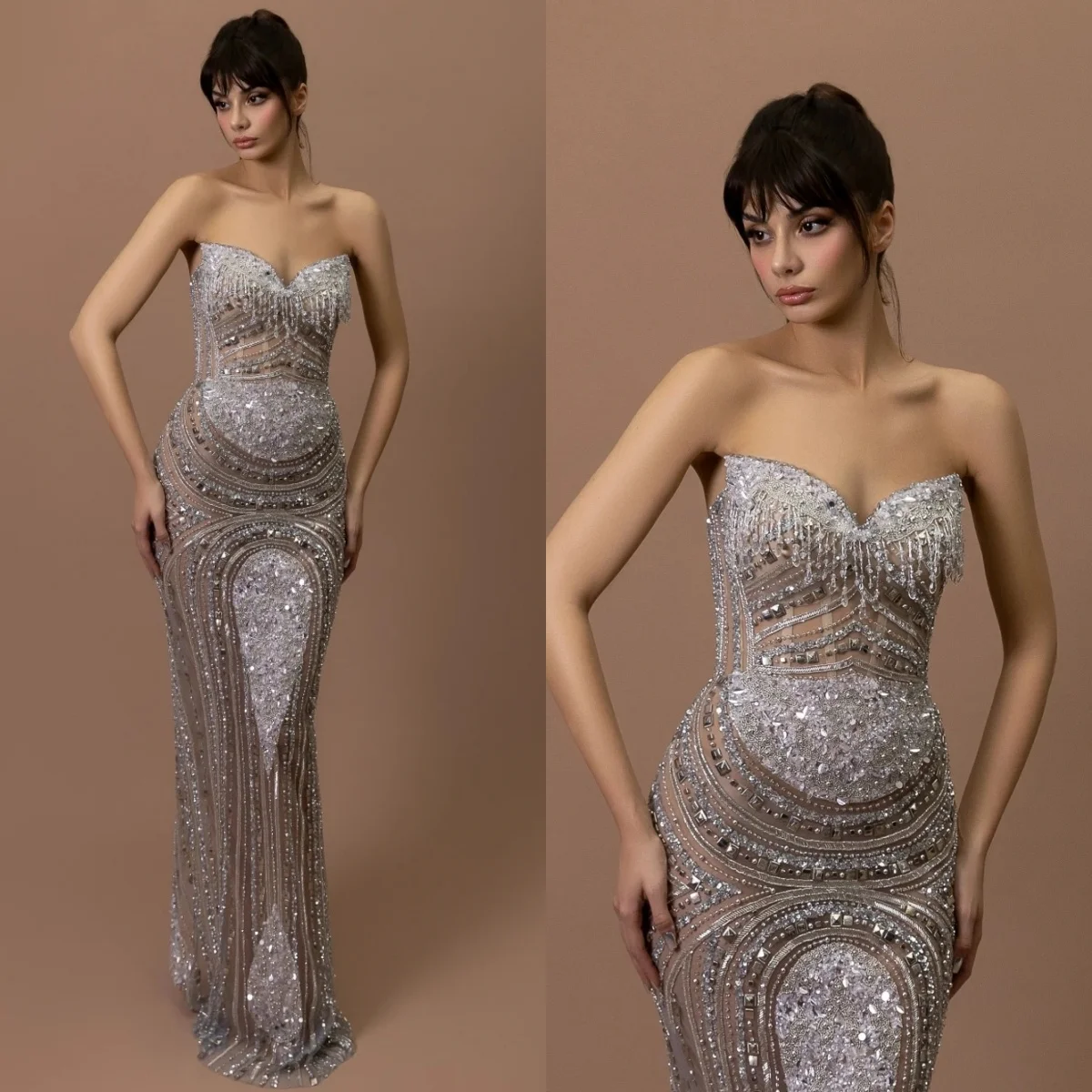 

Unique Evening Dresses Strapless Sequins Prom Dress Tassel Backless Beading Sleeveless Mermaid Party Gowns Vestidos De Noche