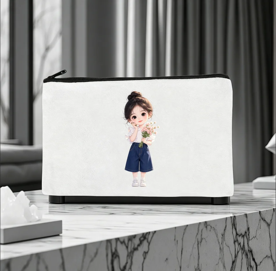 1PC Double Sided Print Cute Bun Girl With Pink Bouquet Canvas Zipper Cosmetic Storage PoucPC
