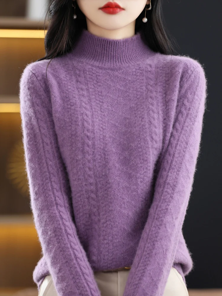 Women Sweater For Winter Thick Warm Long Sleeve Mock Neck Pullover 100% Merino Wool Twist Cashmere Knitwear Korean Fashion New