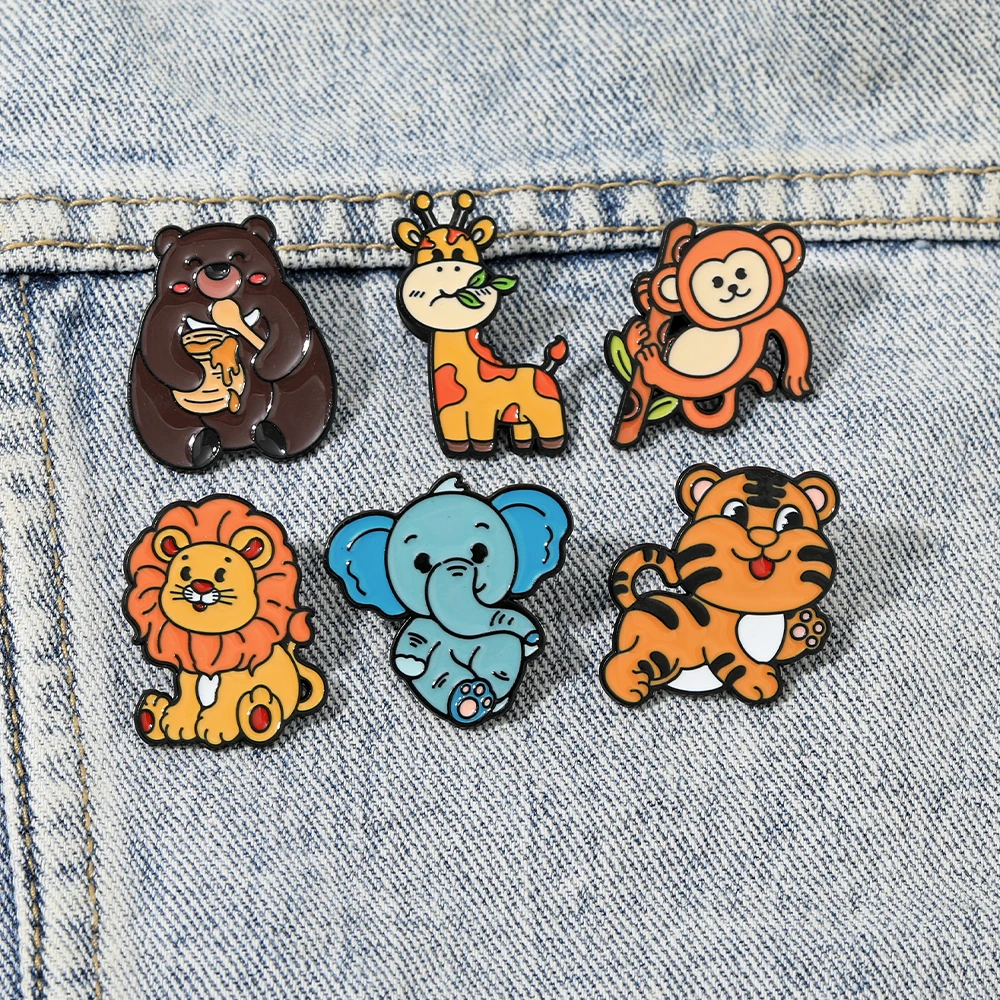 6 стилей, эмалированные булавки с мультяшным животным, милые броши в форме жирафа, обезьяны, льва, слона, тигра, черного медведя для женщин и девочек