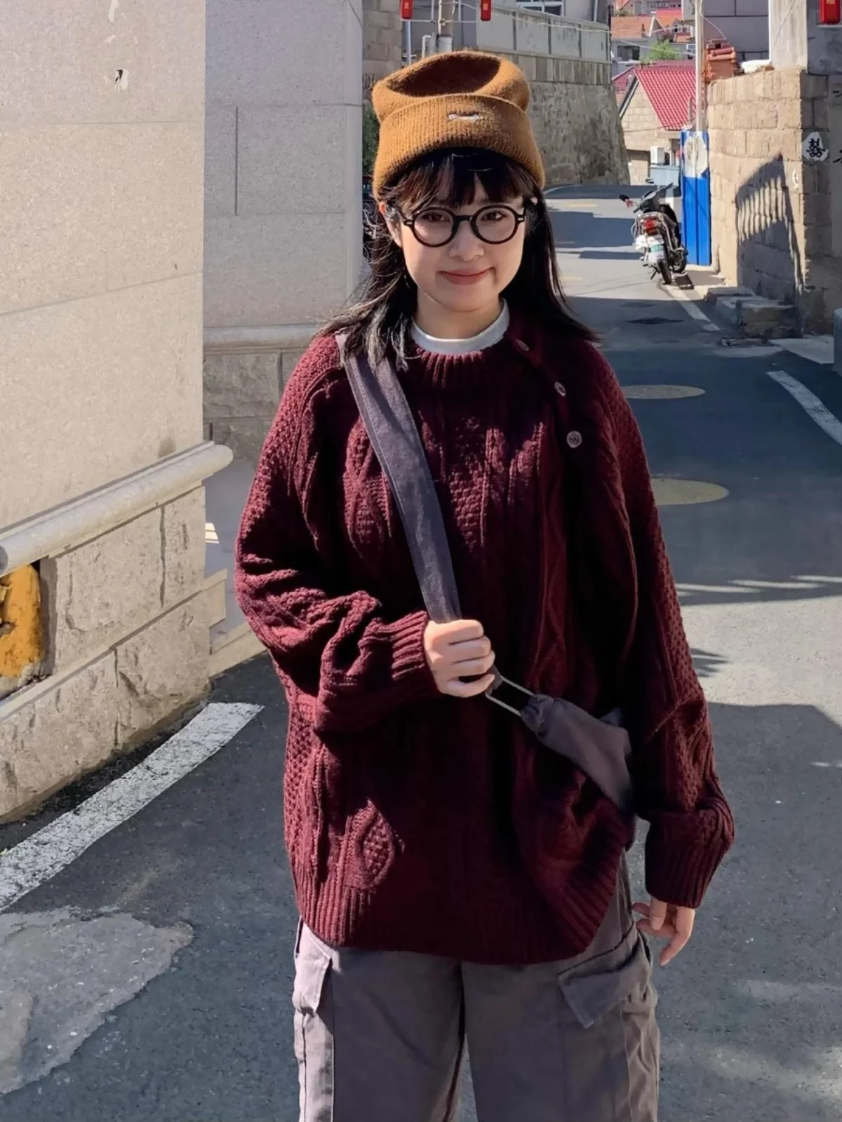 Cappotto maglione lavorato a maglia intrecciato rosso vino giapponese retrò Cappotto sciolto pigro Sle caldo sopra la testa per uomo e donna Autunno Inverno