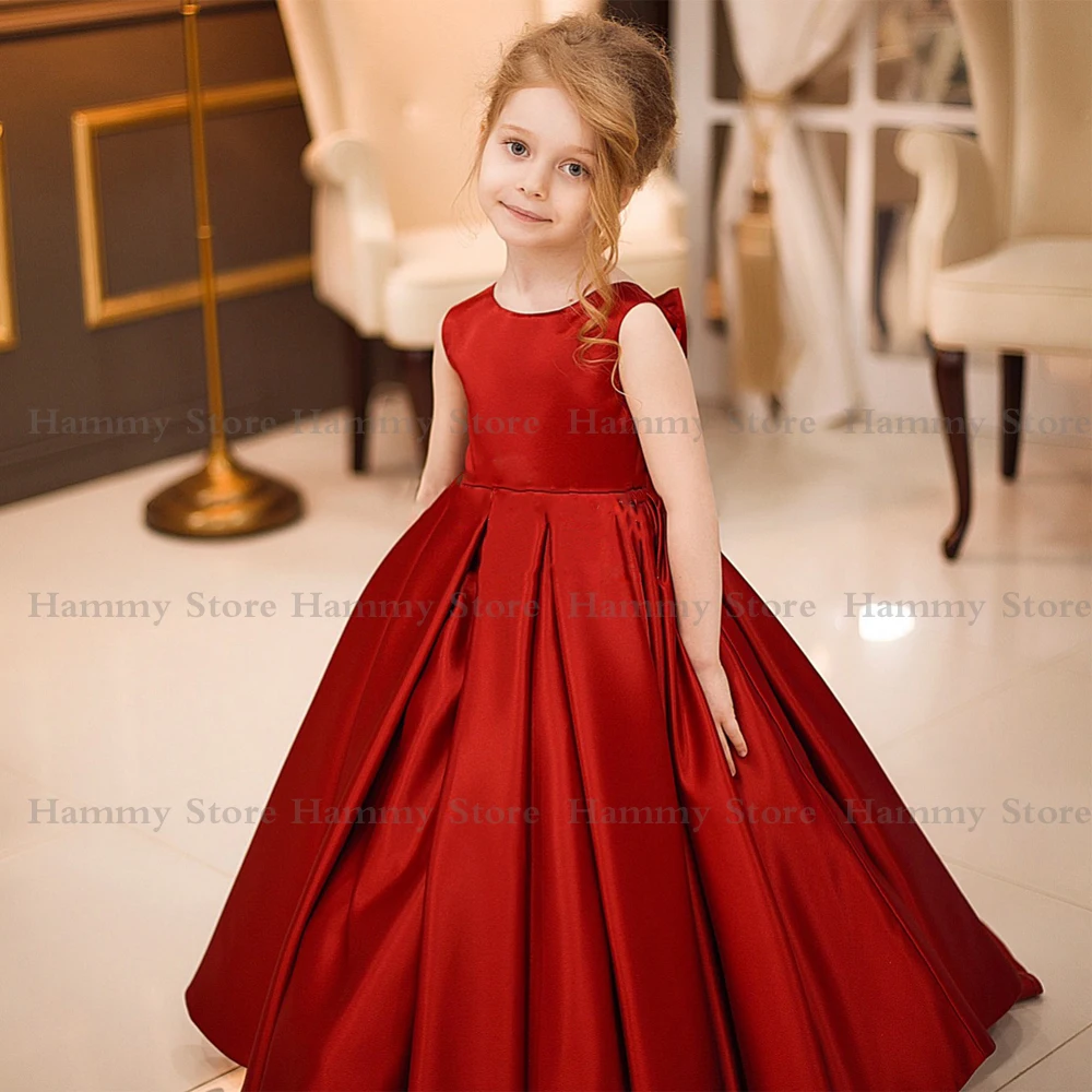 Vestido de flores rojas para niña, ropa de fiesta de Navidad, cuello redondo, sin mangas, tutú de boda, de satén para cumpleaños