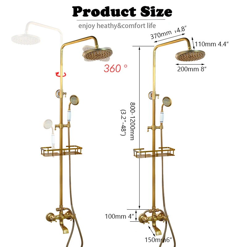 KEMAIDI Antique Brass Shower Fixture 8 Inch Rainfall Shower Head with Handheld Spray Dual Knobs Mixer Bathroom Triple Function