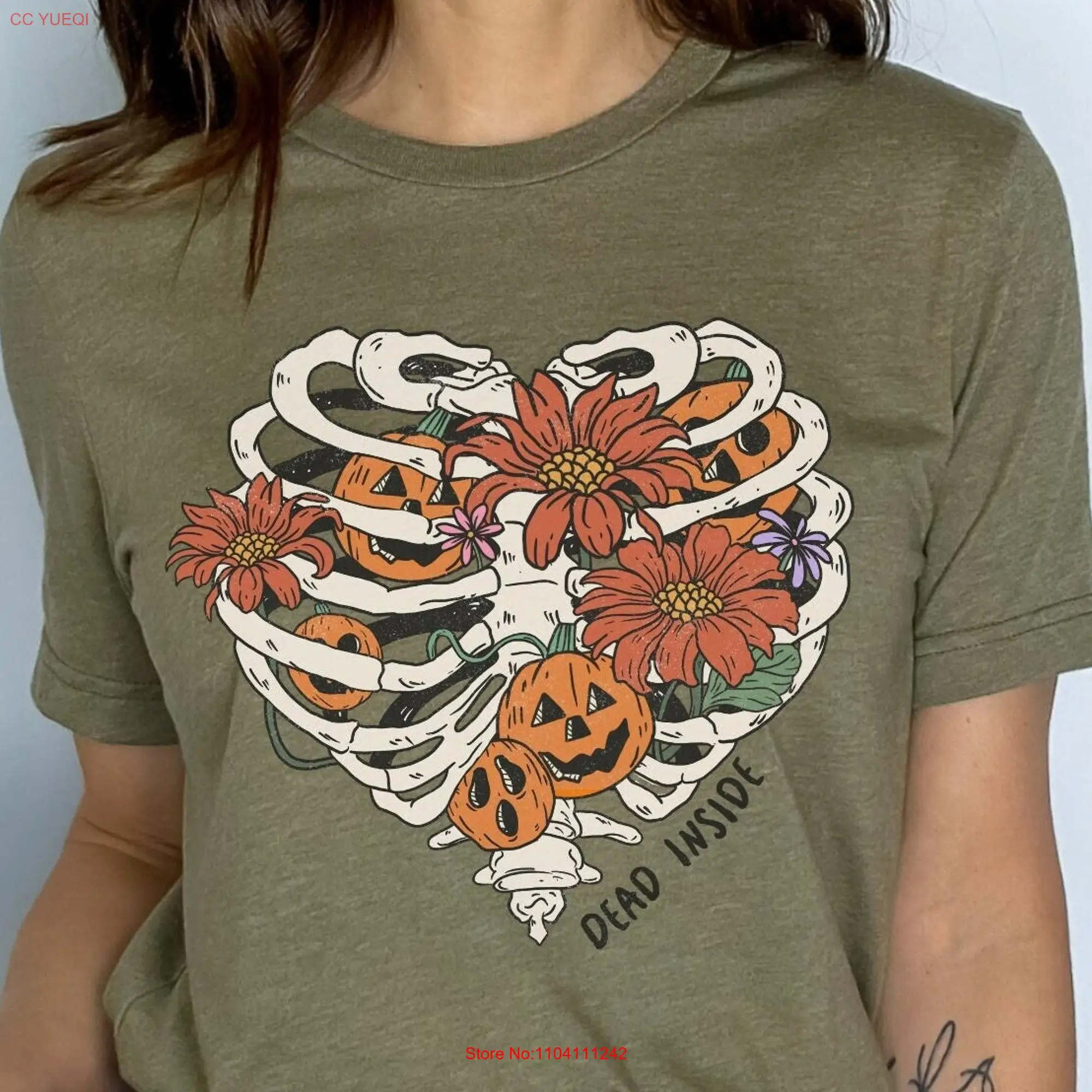 Dead Inside Fall Floral T Shirt Spooky Season Women's Halloweeny Cute Pumpkin Ribcage Bone Halloween Apparel Witchy