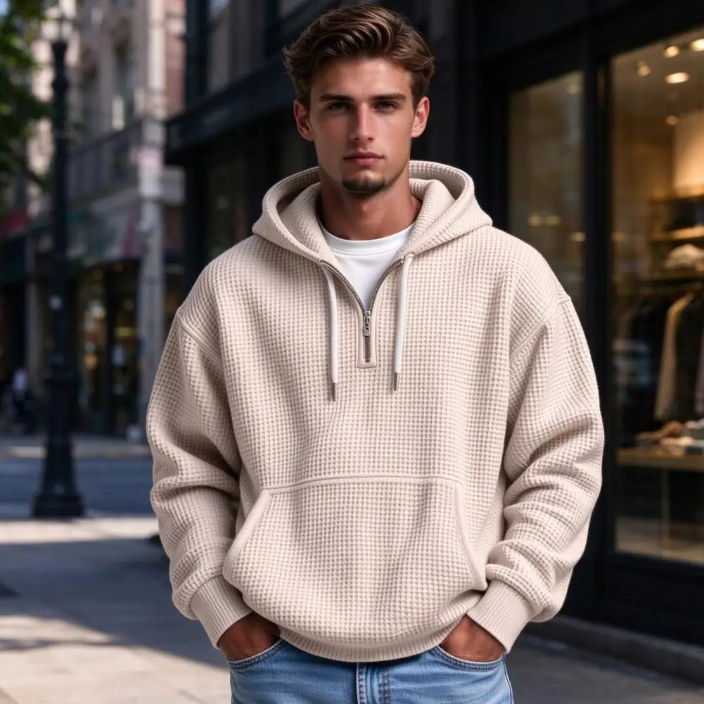 Versatile Athletic Pullover for Exercise Men's Waffle Texture Sweatshirt Pullover Loose Fit Long Sleeve Hoodie with Front Pocket