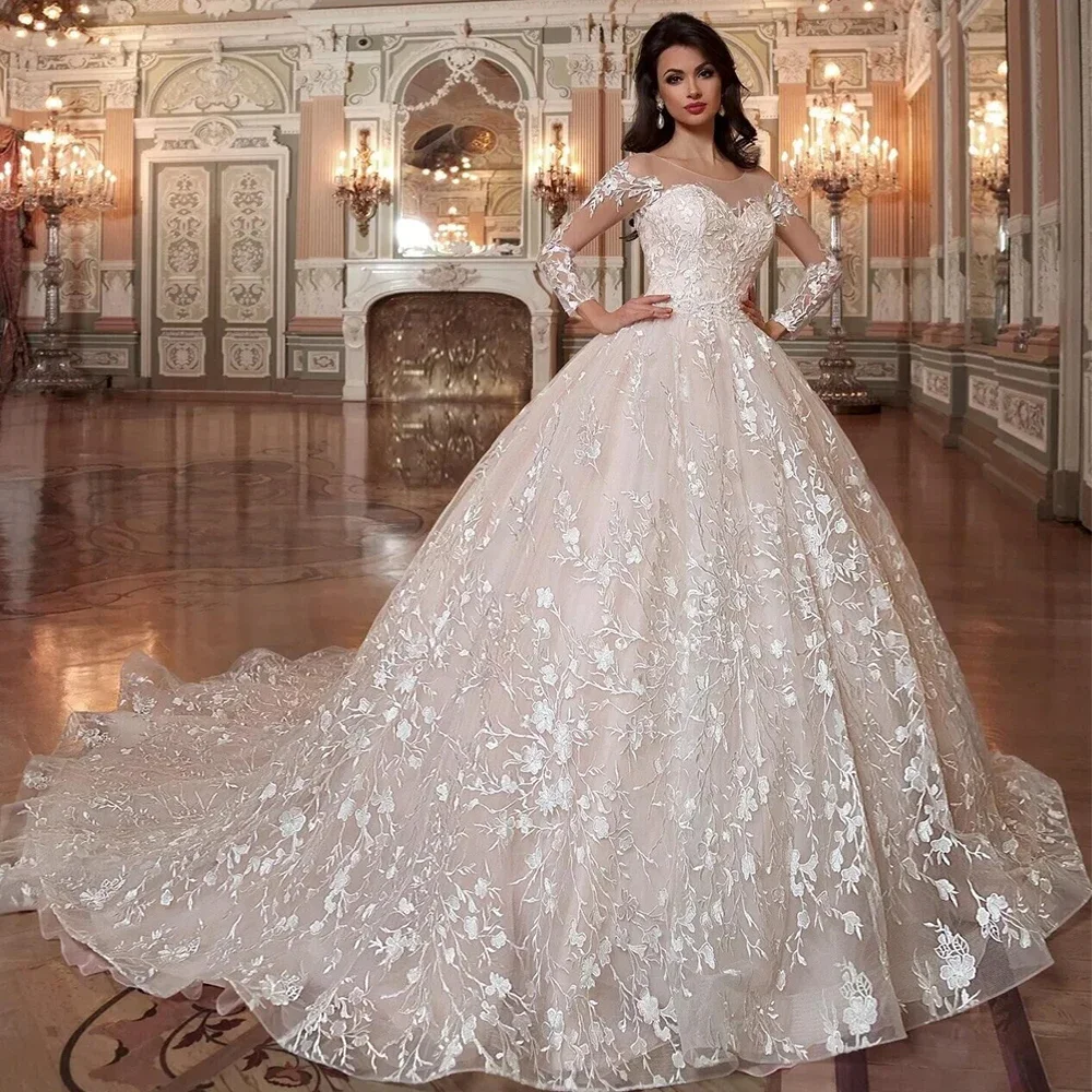 Flavinke Personalizzato Robe De Mariee Princesse De Luxe Lucido Perline Vita di cristallo Manica lunga Abito da ballo in pizzo Abiti da sposa