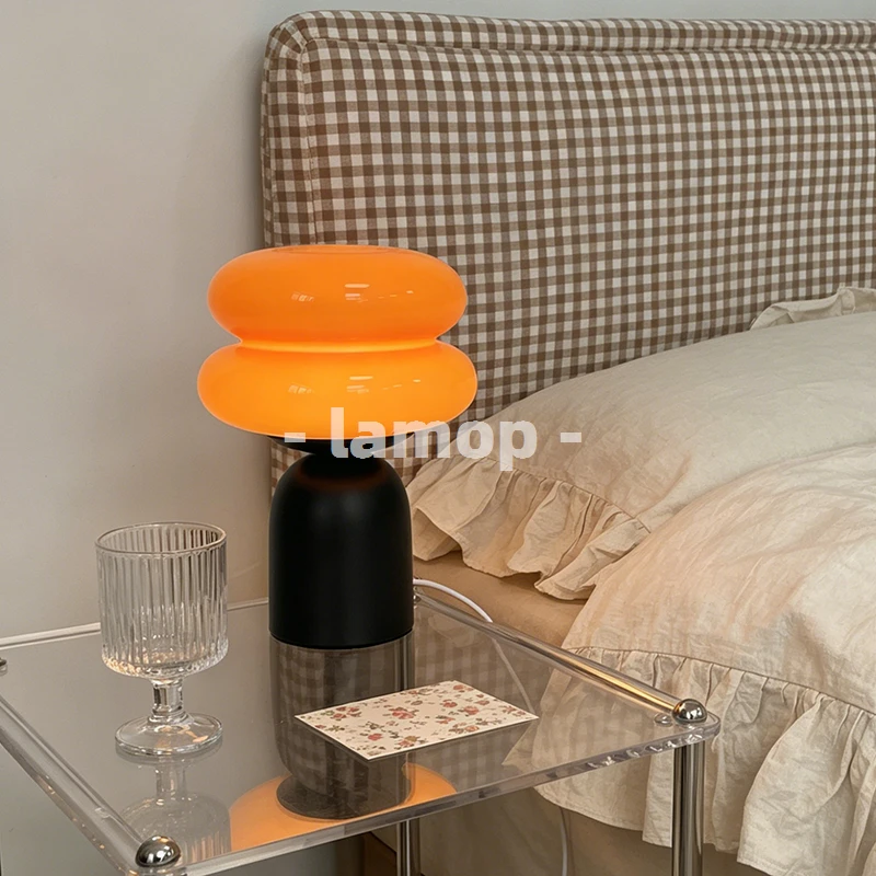 Lampe de table à base courte ronde, double ellipse, orange brillant, style coréen, 3 tons de lumière douce, pour cadre photo et décoration de chevet
