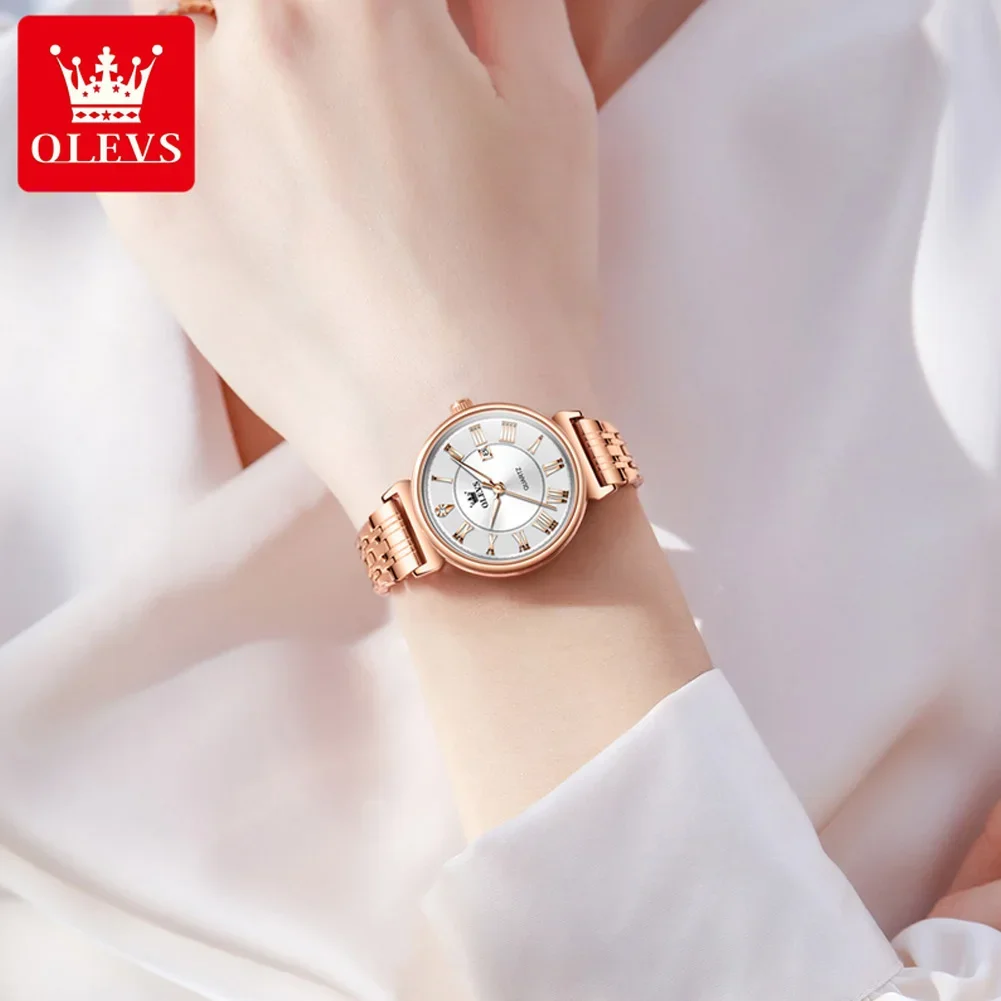 OLEVS Luxury Brand Quartz Clock for Women Classic Roman Scale Solid Stainless steel Waterproof Date Wristwatch Women Girl Watch