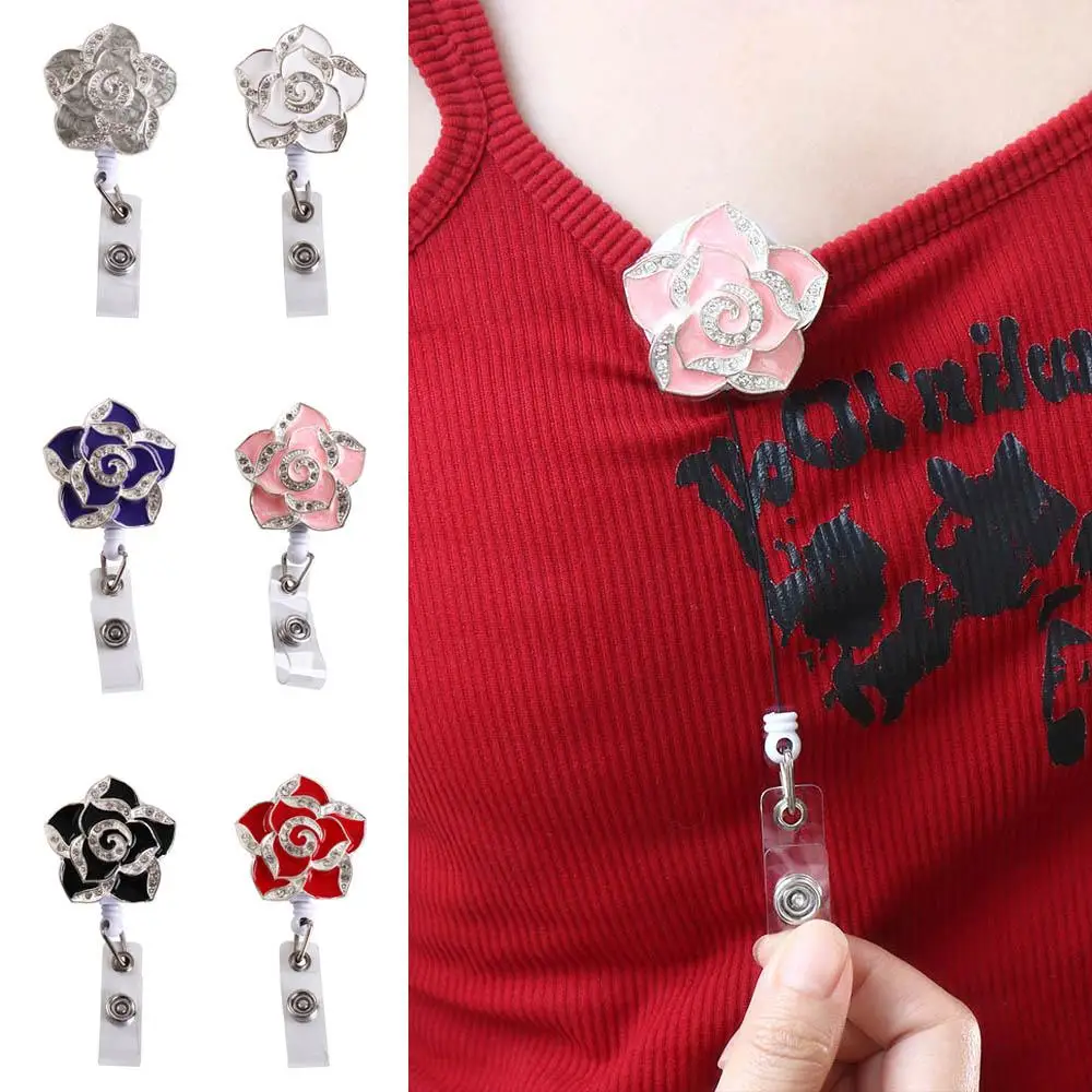 Card Holder Rose Flower Nurse Doctor Hospital Supplies Certificate Clasp Retractable Badge Reel Diamond Badge Reel Badge Holder