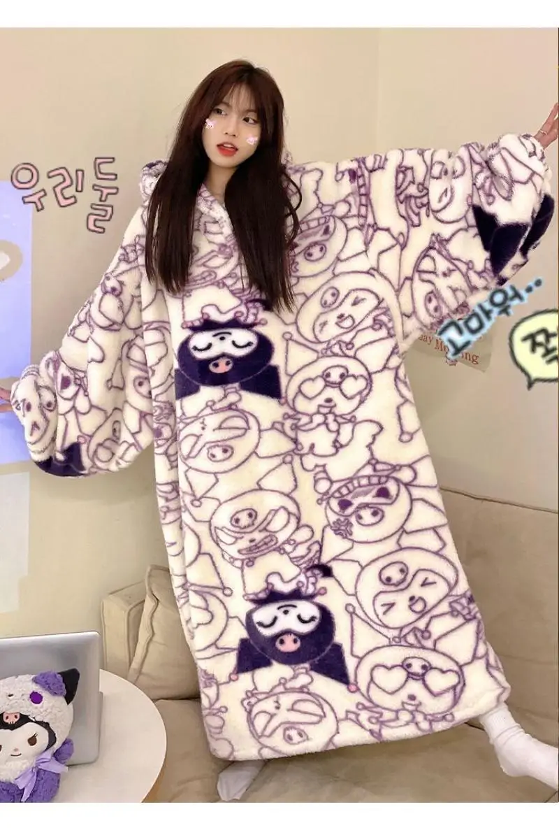 Sanrio Girl Thickening Hooded Winter Jumpsuit Nightgown Kawaii Kuromi Comic Student Keep Warm Sleeping Skirt Leisure Wear New