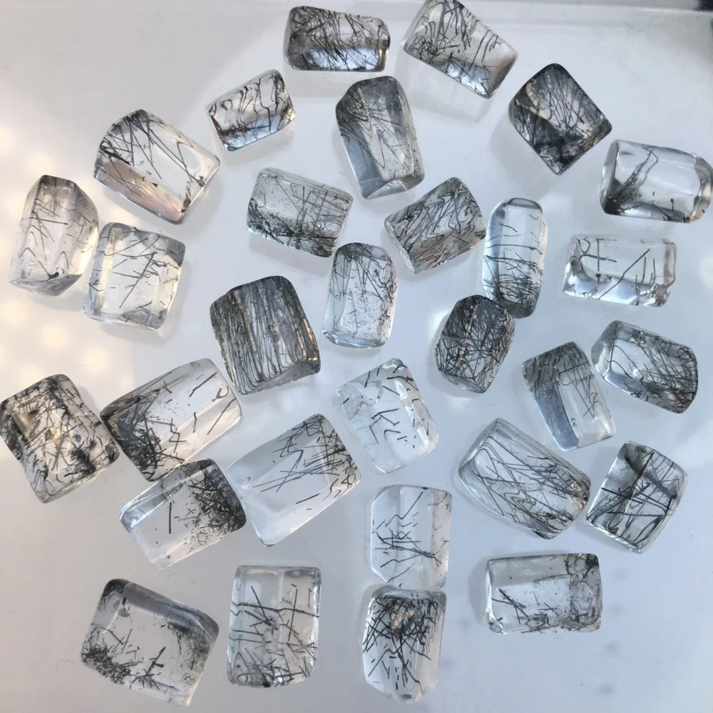 8PCS 8MM Natural Black Rutilated Quartz Rectangle Loose Beads Tourmalinated Crystal Column Cabochon DIY Jewelry Making