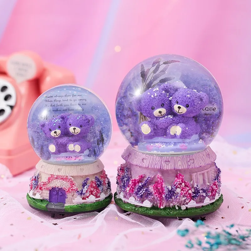 Crystal ball music box lavender purple bear with light snow flowers for guests a small gift mini music box birthday gift.