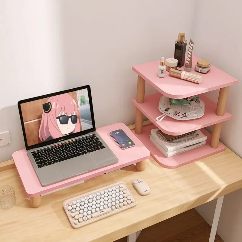 

F7 Pink Adjustable Laptop Riser, Solid Wood Monitor Stand, Pink Home Office Desk Organizer, Ergonomic Laptop Elevation Stand