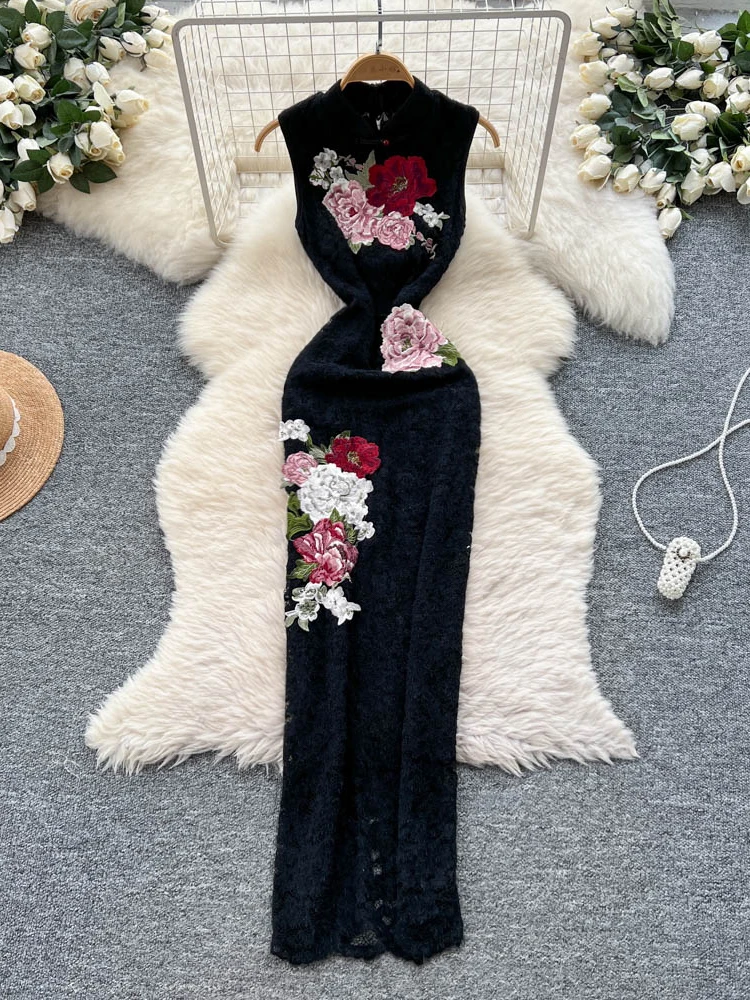 エレガントなレトロな中国風の夏のデザイン刺繍入りスリムフィットノースリーブレースドレスハイウエストAライン韓国版レディースドレス