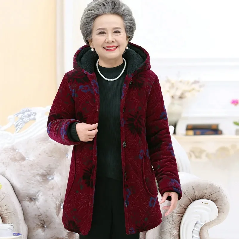 Abrigo con capucha de pana para mujer, ropa de abuela, chaqueta acolchada de algodón de terciopelo, ropa de mujer de edad avanzada, abrigo de