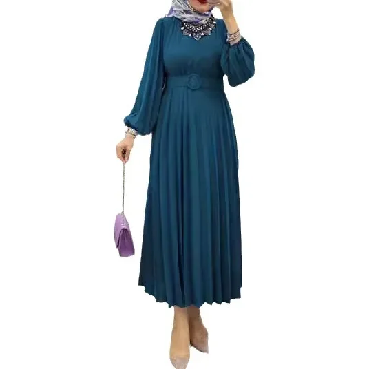 Loose Kaftan Muslim Dress Women Abaya Dubai Solid Pleated Dresses for Women Stretch Cuff with Belt Abayas Women Islam Clothing