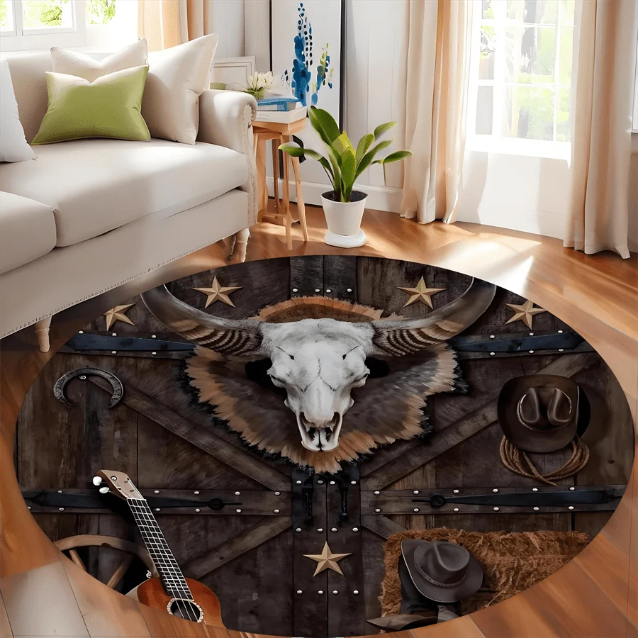 Round Area Rug, Non‑Slip Western Bull Skull Guitar Cowboy Hat Wooden Door Scene Circular Floor Carpet for Cabin Man Cave, Retro
