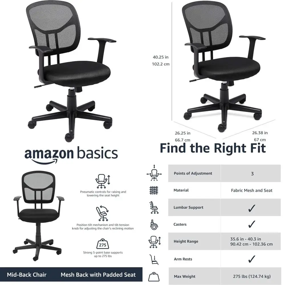 

Mesh Mid-Back Swivel Office Chair with Adjustable Height, Armrests, Lumbar Support and Easy Assembly