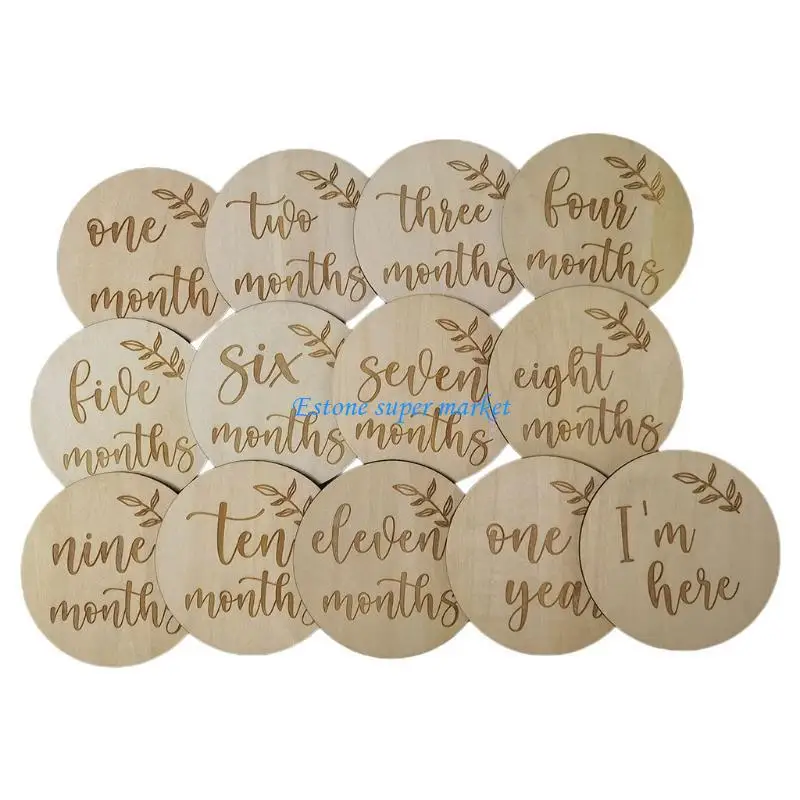 090B 13 Pcs Newborn Monthly Growth Recording Cards Wooden Birth Commemorative Cards Photography Props