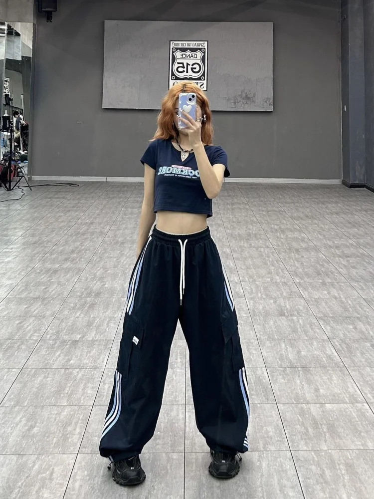 

HOUZHOU Y2K Kpop Striped Cargo Pants Women Hippie Harajuku Streetwear Oversize Baggy Sweatpants Korean Style Loose Wide Trousers