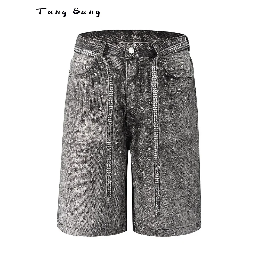 Tung Sung Full Diamond Printing Diamond Belt Wash Casual Loose Straight Jeans Hip Hop Y2k Men’s Jorts