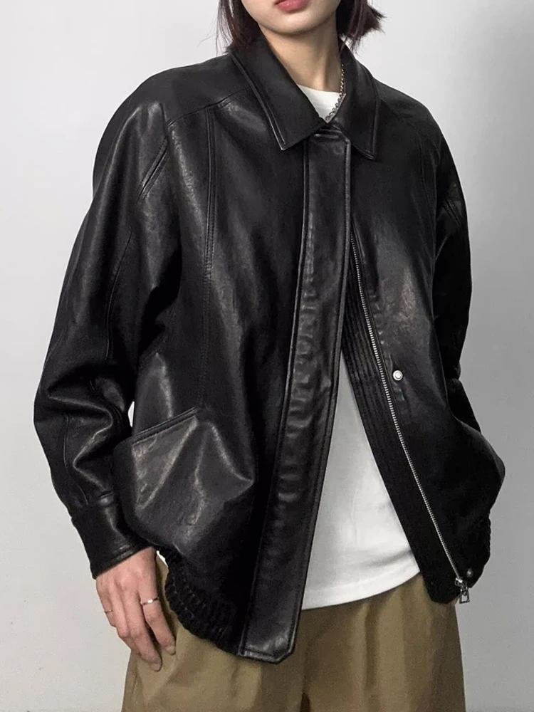 

Куртка-косуха Ning 2025: Новая осенняя коллекция, высококачественная натуральная кожа, винтажный стиль, из овчины, женская, на молнии, прямой крой