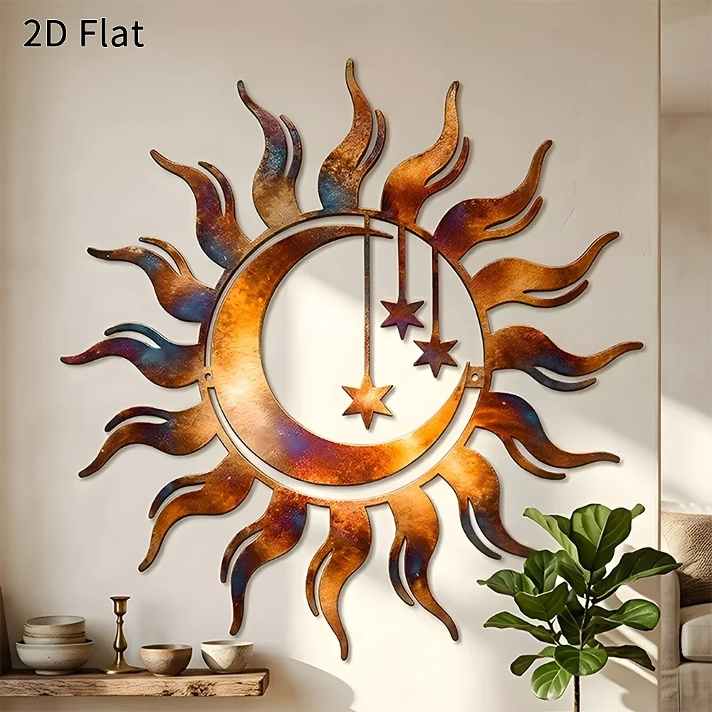 CIFBUY, decoración de pared metálica, letrero de pared con silueta de sol, luna y estrellas, diseño plano en 2D, ideal para la sala de estar.