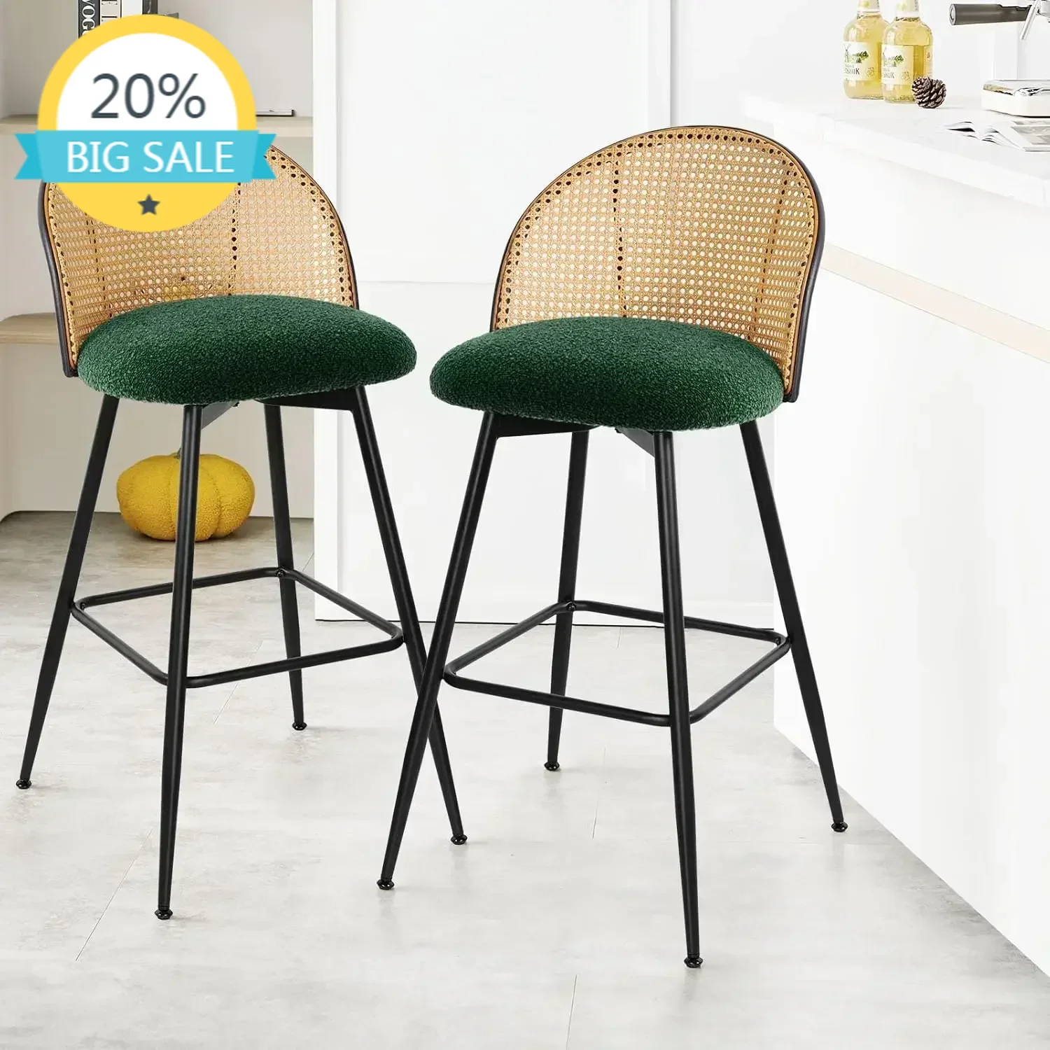 

Бестселлер: Комплект из 2 вращающихся барных стульев в стиле Mid-Century Modern, 29 дюймов, с ротанговой спинкой и металлическими ножками