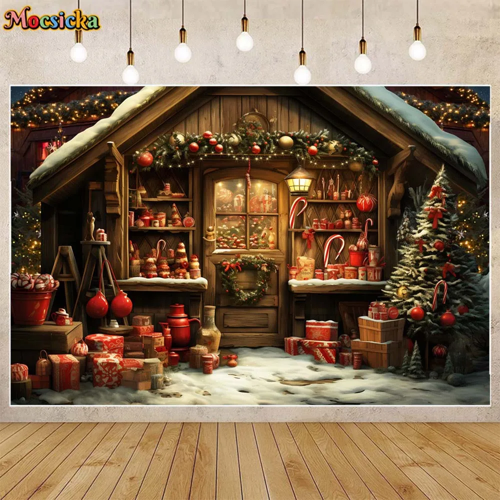 Mocsicka Wood House Snow Winter Christmas Backdrop Xmas Tree Wreath Gifts Family Portrait Photo Background Studio Photocall Prop