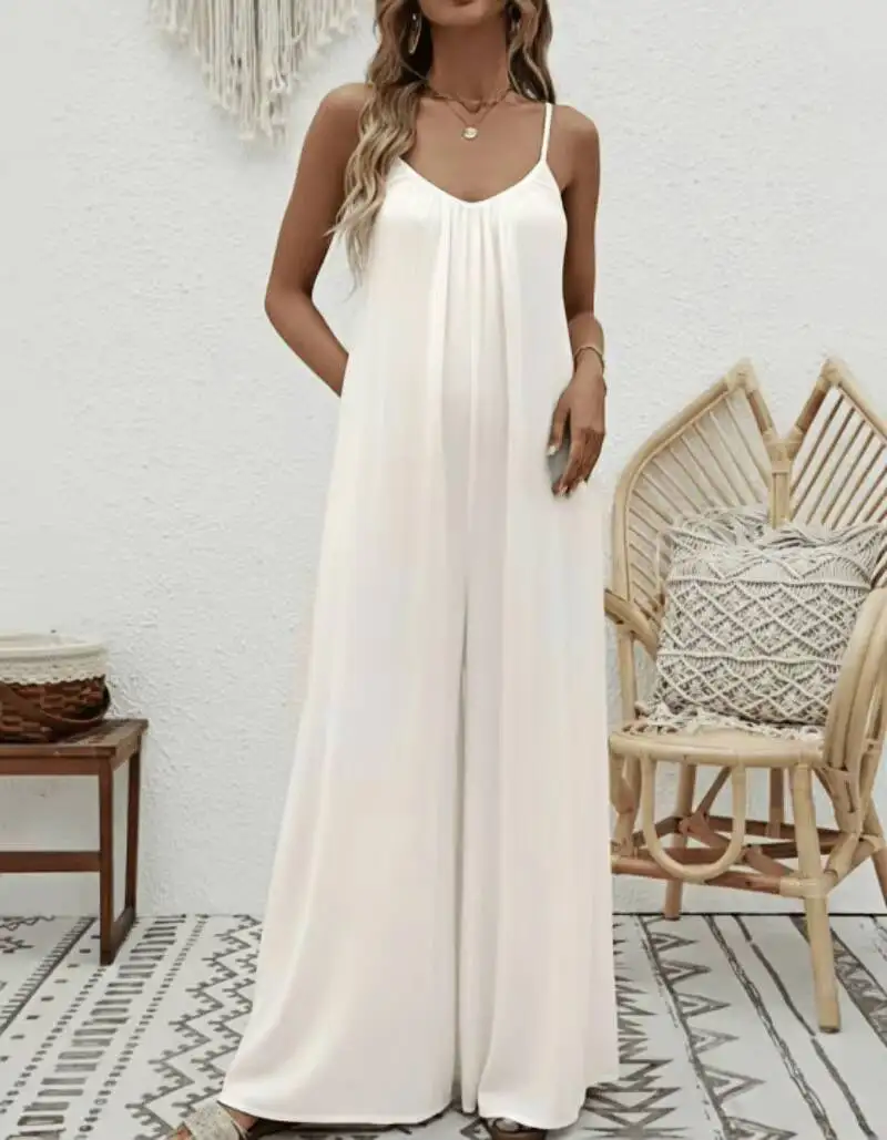 

Summer Women's White Wide Leg Jumpsuit Spaghetti Strap V Neck High Waist Loose Vacation Casual Daily Long Style Playsuit