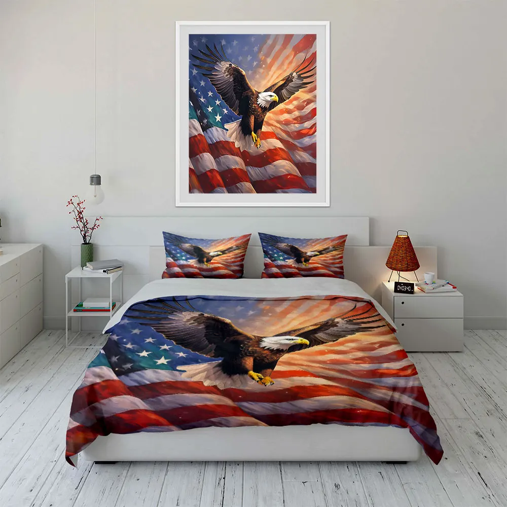 Eagle Soaring with American Flag Print Soft Comfortable Duvet Cover Bedding Set Included 1*Duvet Cover  2*Pillowcases