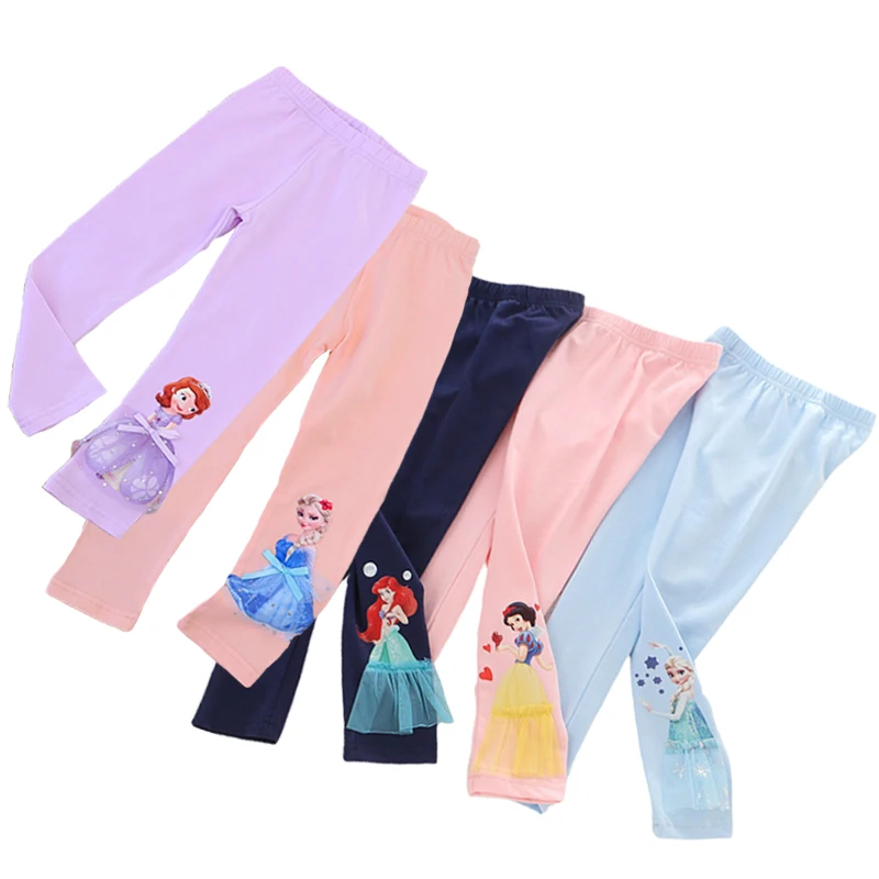 Disney Girls Pants Cotton for Children Frozen Elsa Spring Baby Girl Pink Blue Trouser Snow White Lace Kids Legging Ariel 2-8Y