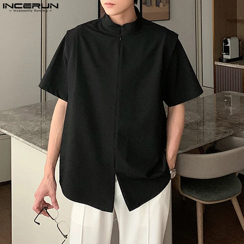 2024 Men Shirt Solid Zipper Stand Collar Short Sleeve Men Clothing Streetwear Summer Korean Fashion Casual Shirts INCERUN