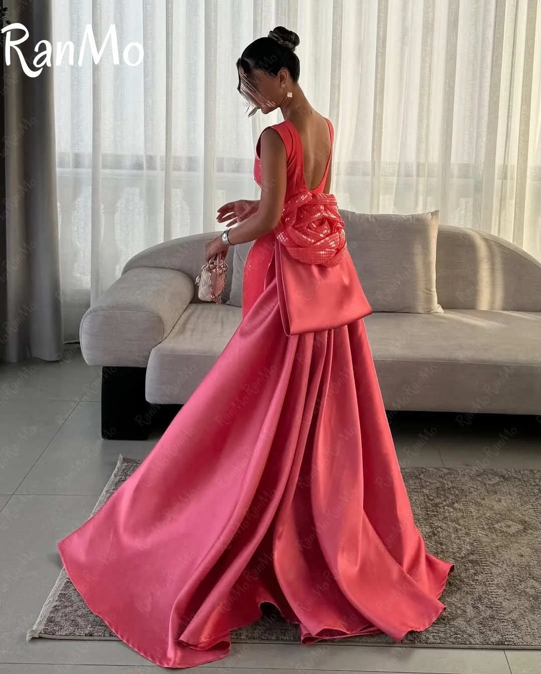 Ranmo Элегантные розовые вечерние платья русалки 2025 с блестками и кружевными цветами Вечерние платья с пятнистым хвостом на заказ فساتين условия