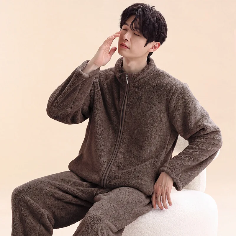 Thickened Flannel Sleepwear Set for Men Home Clothes Long Pants High Neck Winter Collection Hot Sale Of The Season Youth Men