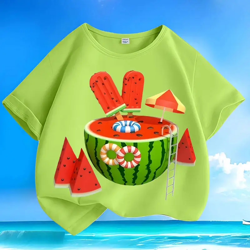 Summer Cool Watermelon Cartoon New Mid University Children's Short Sleeved T-shirt  Cotton Round Neck Versatile Parent Child Top