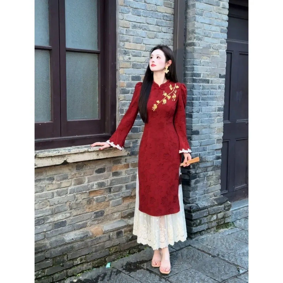 

JinAn, новая китайская тяжелая вышивка, осенняя новинка, эффект похудения, двухсекционный Dr, шелковый материал, тонкая модель